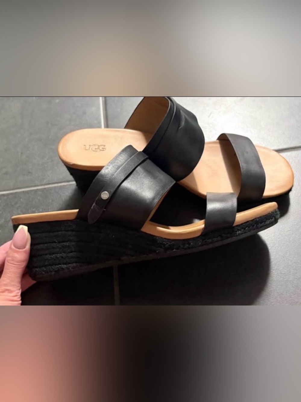 UGG Ebele Black Leather Platform Slide Sandals